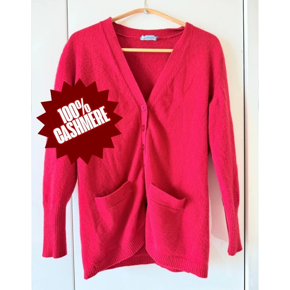 🎄Holiday Ready! 100% Cashmere Red V-Neck Button Cardigan Sweater Pockets M
